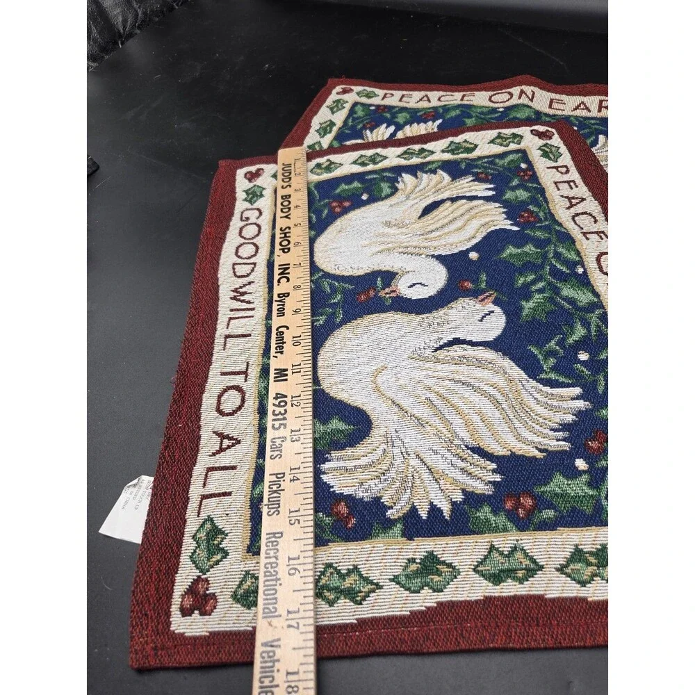 Vtg Christmas Tapestry Dove Peace On Earth Set Of 2 Placements Holiday Berry